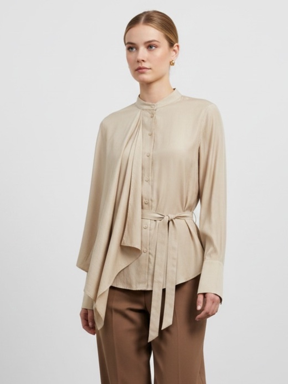 1583 • Ivory Asymmetric Draped Shoulder Belted Button-Up Shirt